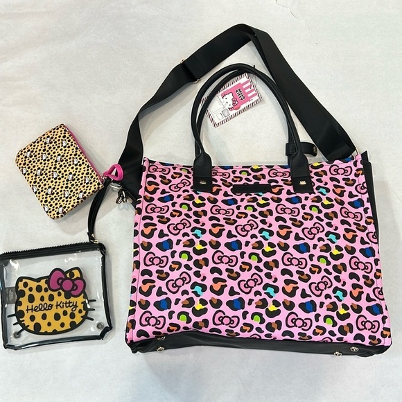 Brand New Hello Kitty bows & pink leopard three piece travel bag tote set rare - Picture 1 of 12